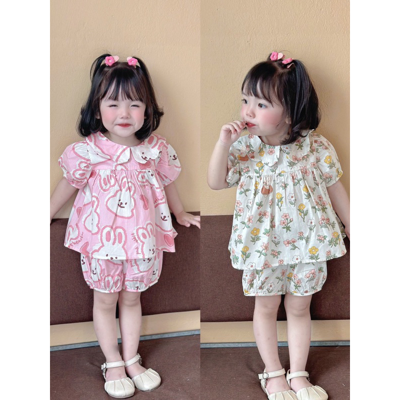 Bộ ba lỗ cho bé gái áo dáng babydoll quần nhún bèo dễ thương
