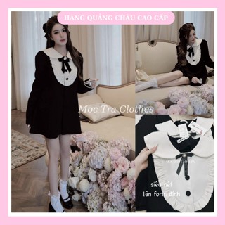 Đầm babydoll nữ Quảng Châu thiết kế phối bèo nơ cổ tiểu thư, Váy kiểu nữ thu đông rẻ đẹp trẻ trung