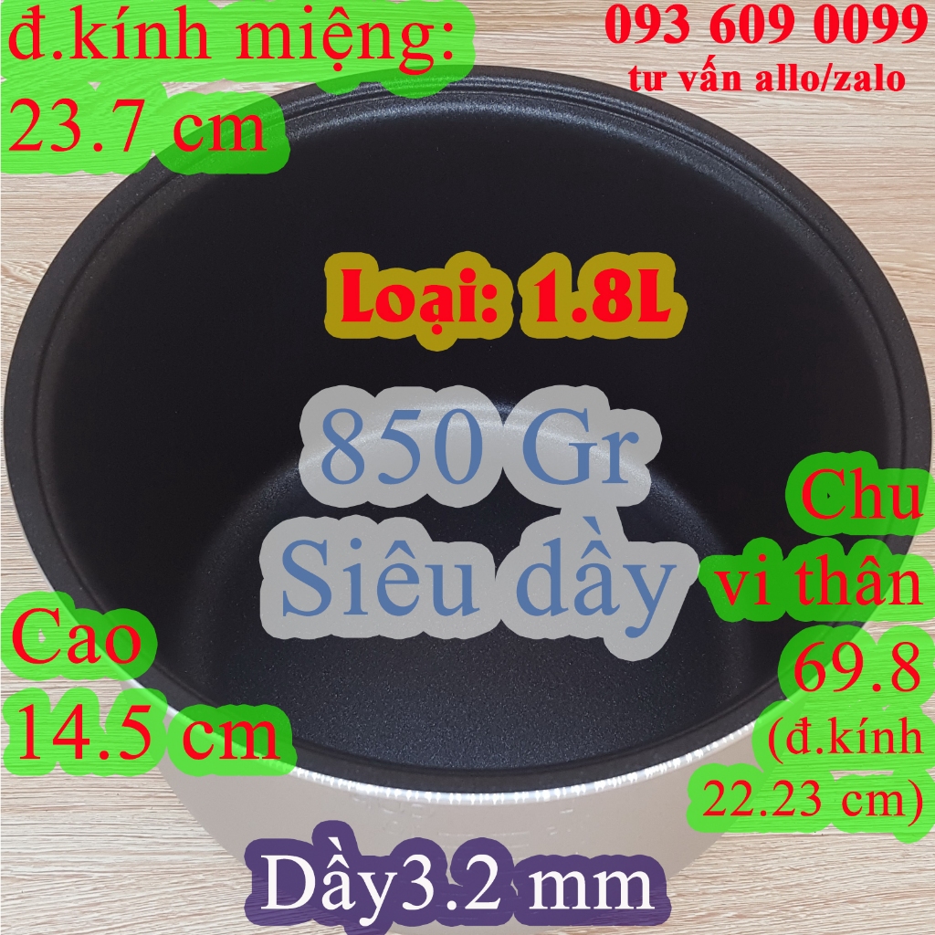Lòng nồi cơm điện siêu dầy 1.8 L chống dính đen nặng 850 gr (az-9)