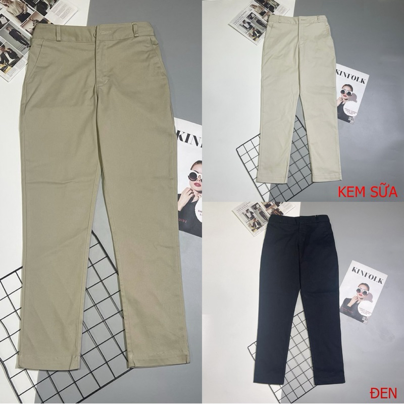 Quần tây kaki dáng dài, co giãn nhẹ. Lưng thun phía sau, dây kéo trước.