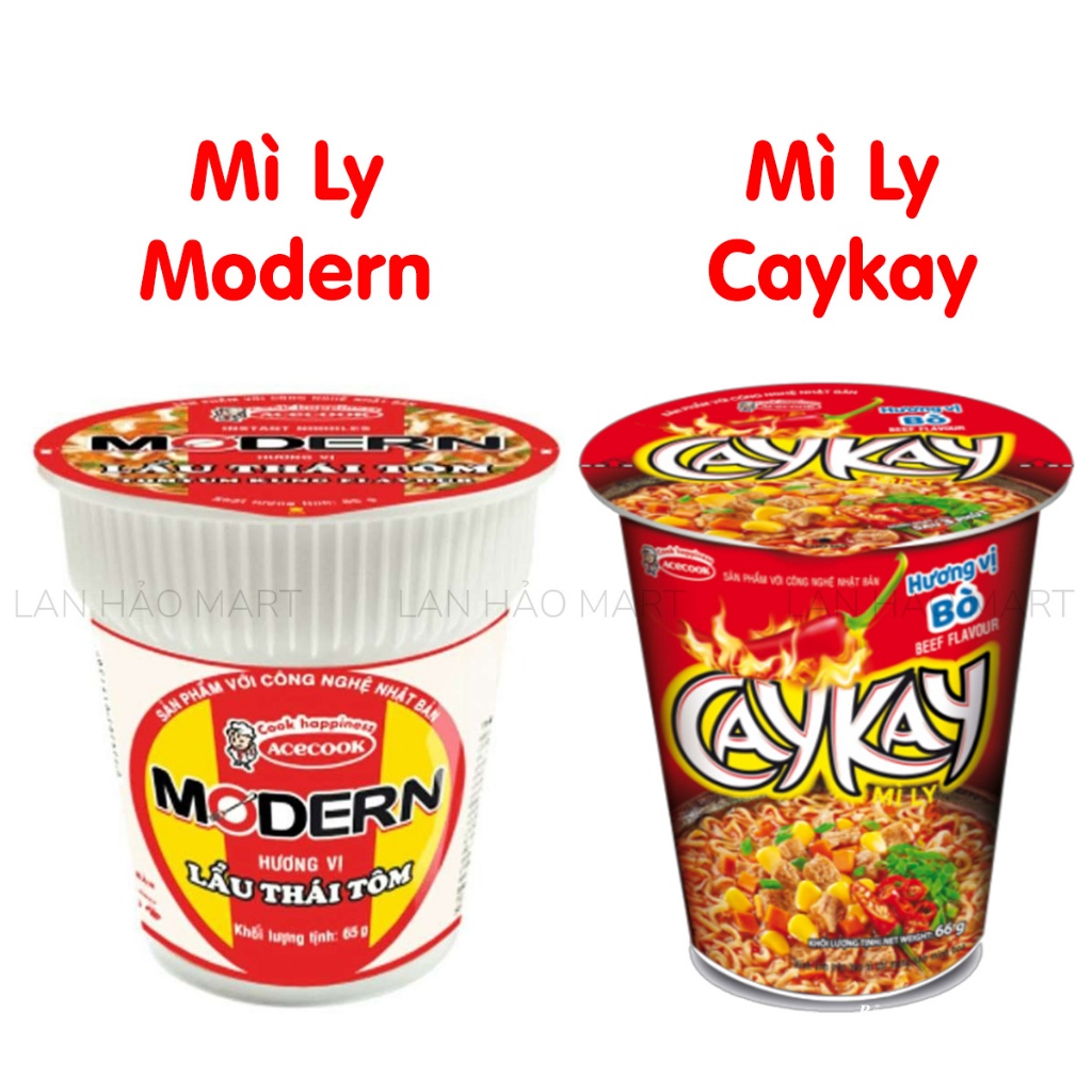 Mì Modern lẩu Thái tôm ly 65g, Mì Caykay vị bò ly 66g, Mì ly Acecook