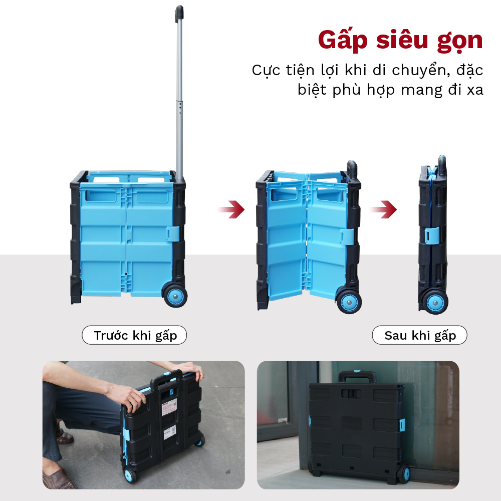 Xe kéo hàng 2 bánh xếp gọn đi chợ siêu thị FUJIHOME nhập khẩu, thùng kéo gấp gộn 65L đa năng