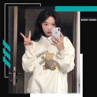 Sweater cổ tròn vải nỉ dài tay oversize, áo nỉ bông da cá swt cặp đôi nam nữ form rộng deliz in hình Bunny