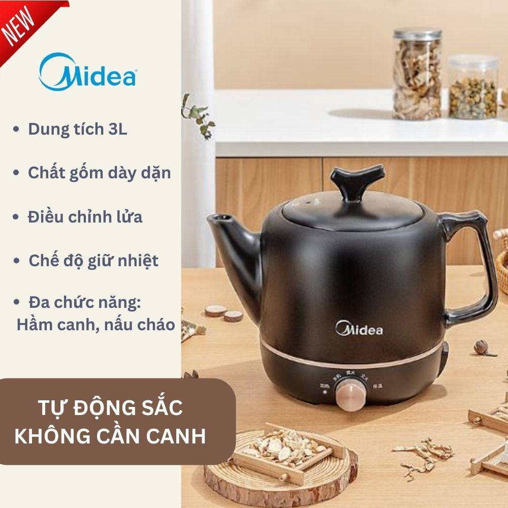 MIDEA - Ấm sắc thuốc dung tích 3L MD-JYE3001, chất liệu gốm cao cấp, đa chức năng sắc thuốc, hầm canh, nấu chè,...