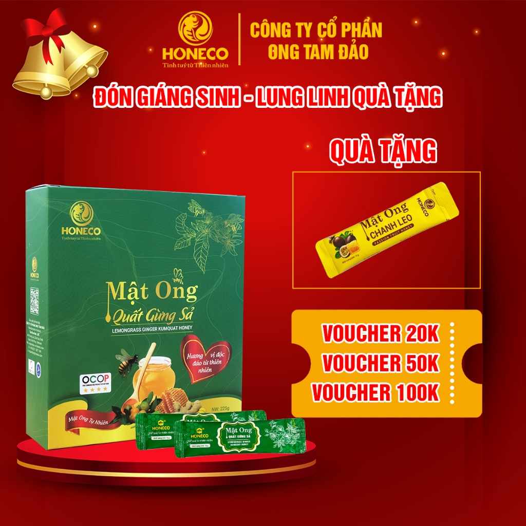 Mật ong quất gừng sả HONECO (Hộp 15 gói) - Tăng cường sức đề kháng, bảo vệ đường hô hấp.
