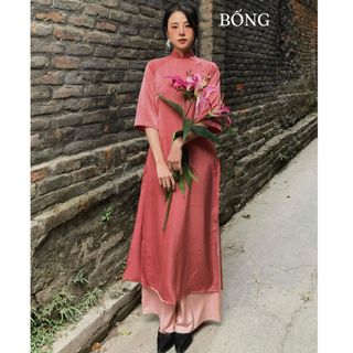 Áo dài xuông màu hồng vintage lụa kèm quần dễ thương may sẵn