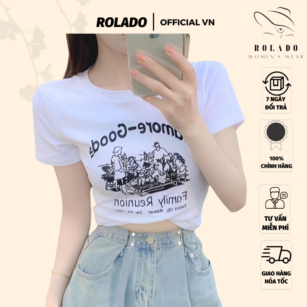Áo Croptop Ôm Body Nữ Goode local brand DOLARO Cổ Tròn Tay Ngắn, Áo Thun Croptop Kiểu Sexy In Họa Tiết
