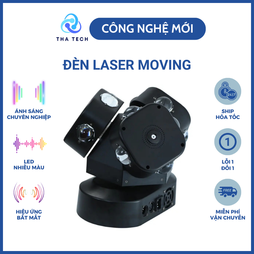 Đèn Laser Moving 3 Đầu 12 Mắt Ánh Sáng RGB 4 Trục Xoay 360 Độ, Đèn Led Phòng Bay Ánh Sáng Chuyên Ngh