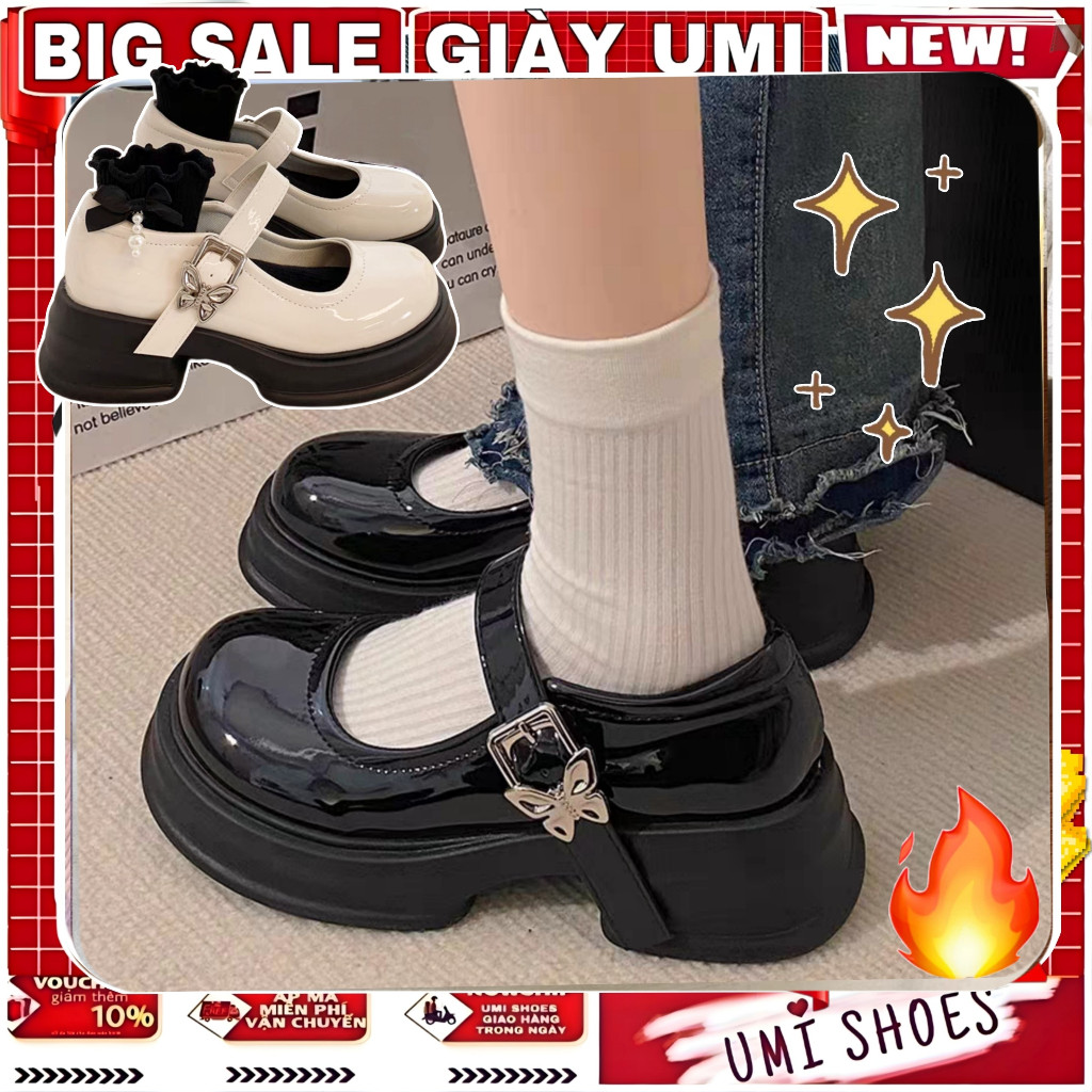 Giày Mary Jane Nữ MOTBIM Đế Bằng Cao 5cm búp bê Lolita quai cài màu đen/kem mới xinh đẹp hot