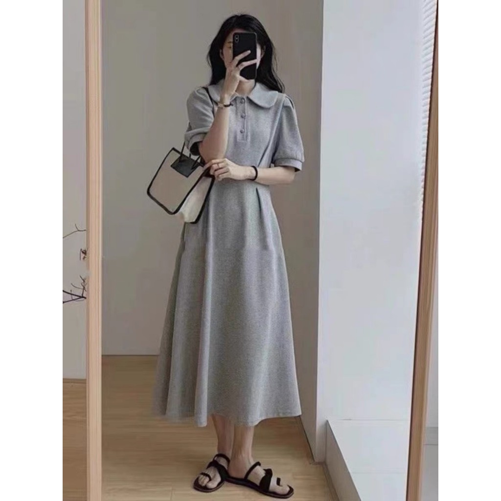 Váy sơ mi POLO dáng dài/ngắn thon eo xoè điệu đà, tay phồng style Hàn Quốc cao cấp