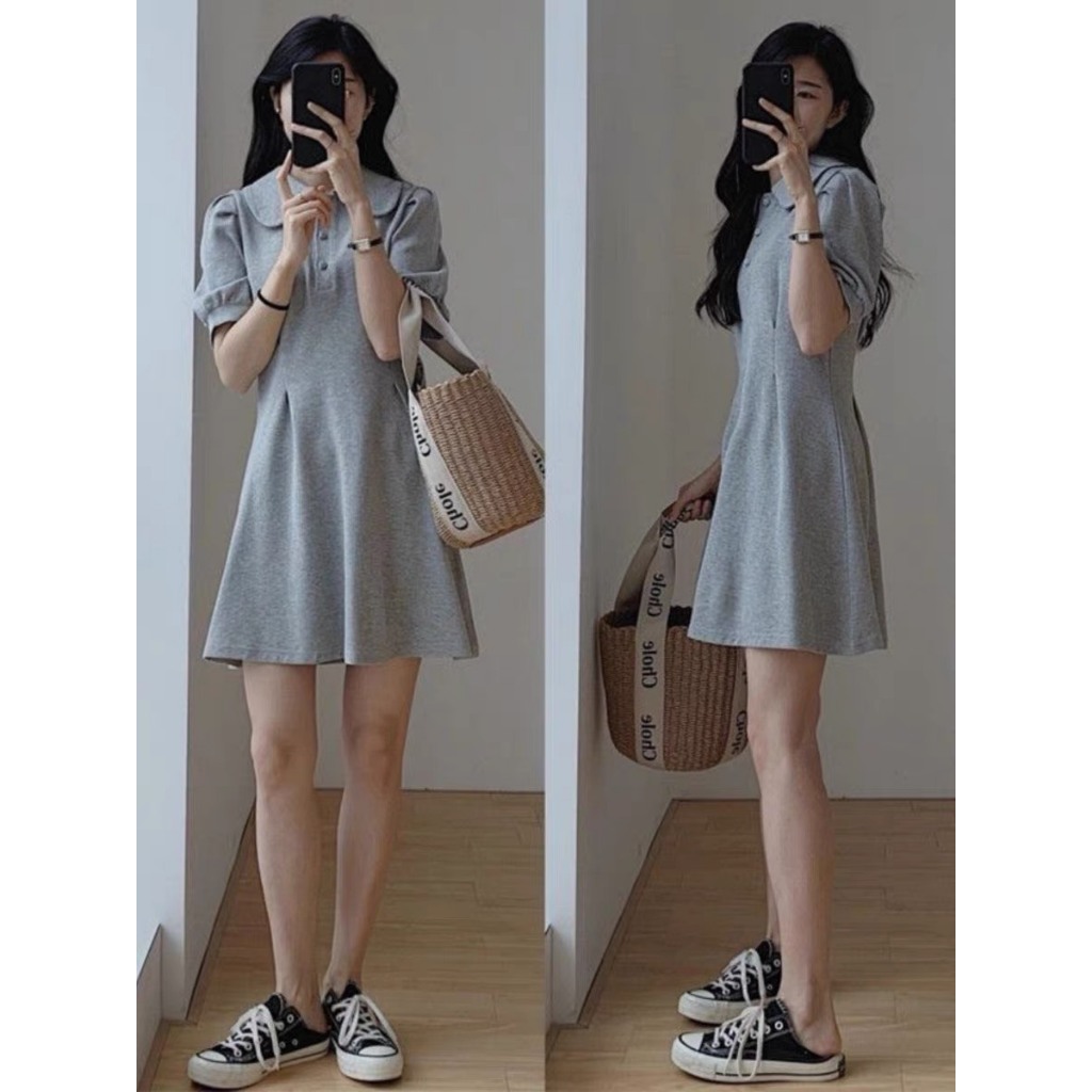 Váy sơ mi POLO dáng dài/ngắn thon eo xoè điệu đà, tay phồng style Hàn Quốc cao cấp