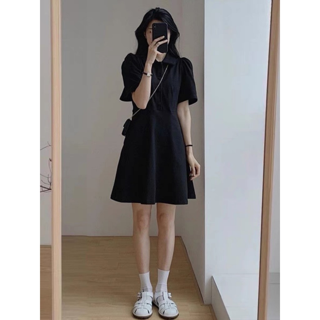 Váy sơ mi POLO dáng dài/ngắn thon eo xoè điệu đà, tay phồng style Hàn Quốc cao cấp