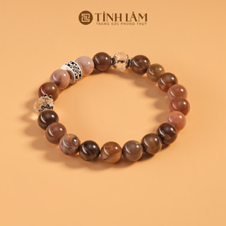 TINH LÂM Vòng Tay Phong Thủy Đá Gỗ Hóa Thạch 8 Li - Charm Hoa Sen Phối Đá Thạch Anh