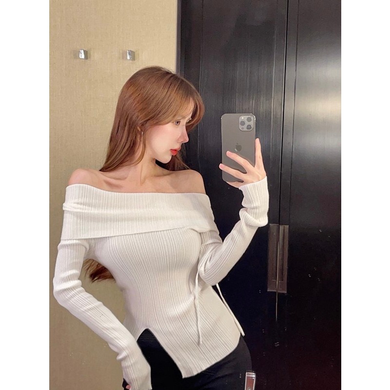 (CÓ SIZE) Áo Kiểu Trễ Vai Tay Dài HÀNG LOẠI 1 RANSHI Chất Dày Đẹp Xẻ Hông Kèm Dây Rút Bẹt Vai Style Sang Chảnh - RA202 | BigBuy360 - bigbuy360.vn