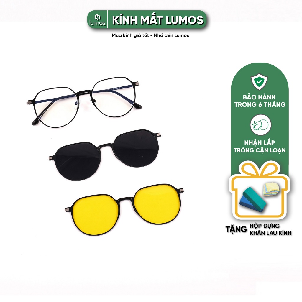 Gọng kính cận Lumos đa năng 3in1 hợp kim nhôm siêu nhẹ dáng chữ nhật tròng kính chống tia UV chống chói 7023