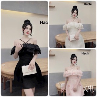 ĐẦM DỰ TIỆC tapta bẹt vai cột dây cổ đính hoa siêu xinh (có mút, có lót) sang trọng