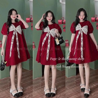 Đầm Váy Nhung BabyDoll Dáng Xòe Cổ Tròn Tay Búp Phối Nơ Ren Trắng - Phong Cách Dễ Thương