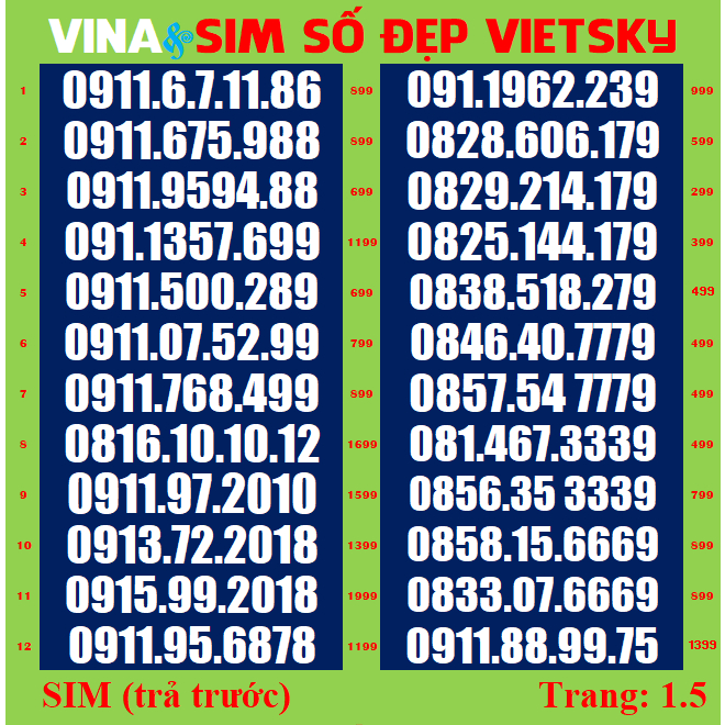 SIM SỐ ĐẸP vina 09-T01.5,11 - Dễ Nhớ - Phong Thuỷ - Cặp gánh *** SIM Vina được nhiều người yêu thích