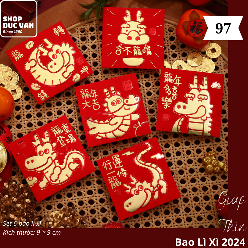 Bao Lì Xì Chibi Set 6 Cái Hoạt Hình Tết Giáp Thìn 2024 Mạ Vàng