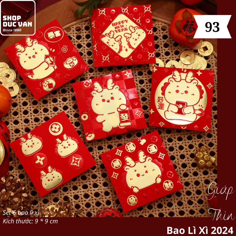 Bao Lì Xì Chibi Set 6 Cái Hoạt Hình Tết Giáp Thìn 2024 Mạ Vàng