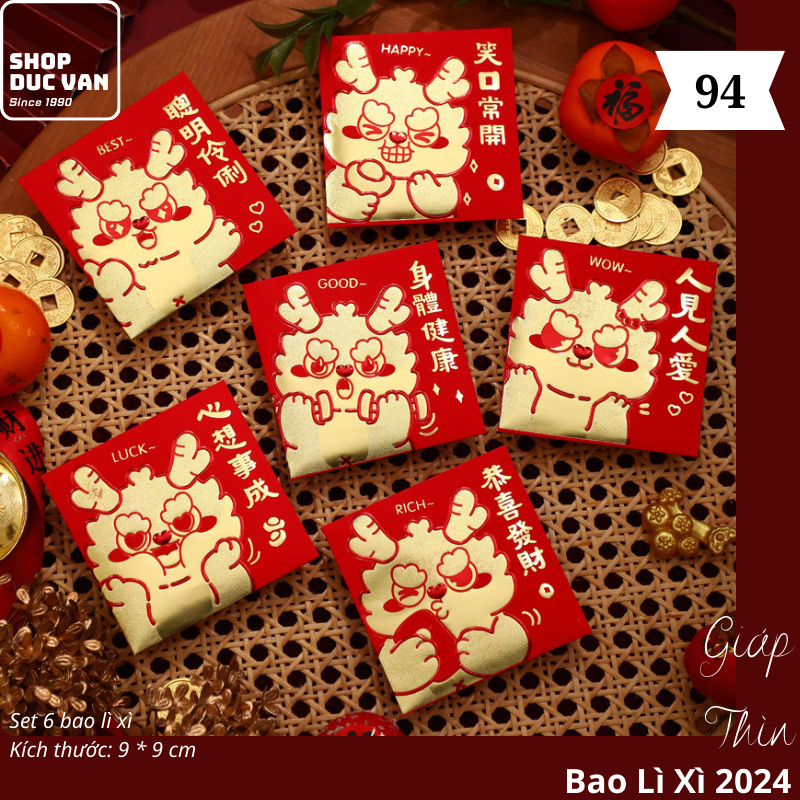 Bao Lì Xì Chibi Set 6 Cái Hoạt Hình Tết Giáp Thìn 2024 Mạ Vàng