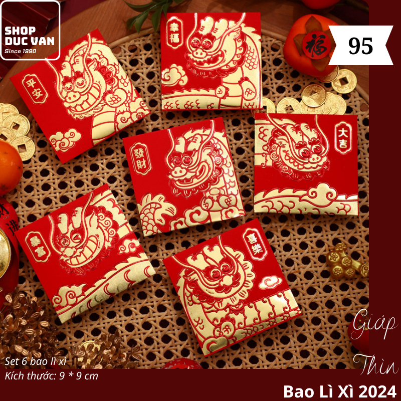 Bao Lì Xì Chibi Set 6 Cái Hoạt Hình Tết Giáp Thìn 2024 Mạ Vàng