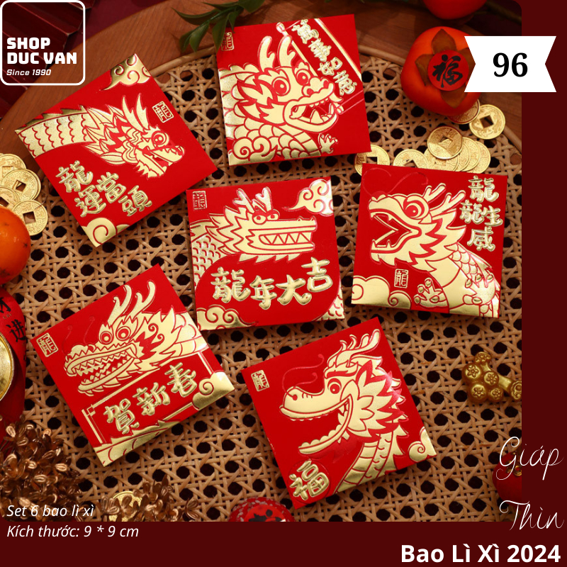 Bao Lì Xì Chibi Set 6 Cái Hoạt Hình Tết Giáp Thìn 2024 Mạ Vàng