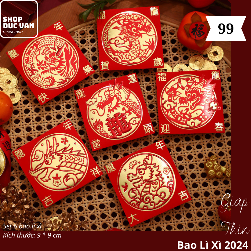 Bao Lì Xì Chibi Set 6 Cái Hoạt Hình Tết Giáp Thìn 2024 Mạ Vàng