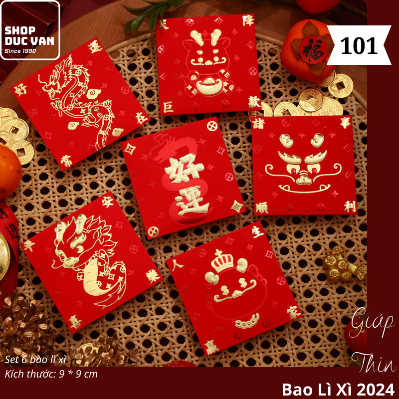 Bao Lì Xì Chibi Set 6 Cái Hoạt Hình Tết Giáp Thìn 2024 Mạ Vàng