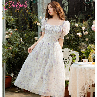 Váy cúp ngực Chillgals cổ vuông tay bồng dáng dài tiểu thư hoa tím VA-040