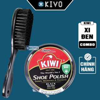 Combo 1 Bộ Xi Đánh Giày Đen + Bàn Chải Đánh Giày CÁN DÀI KIWI - Si Đánh Giày Sáp Đánh Bóng Giày Da - Xi Đen 45ML - Kivo