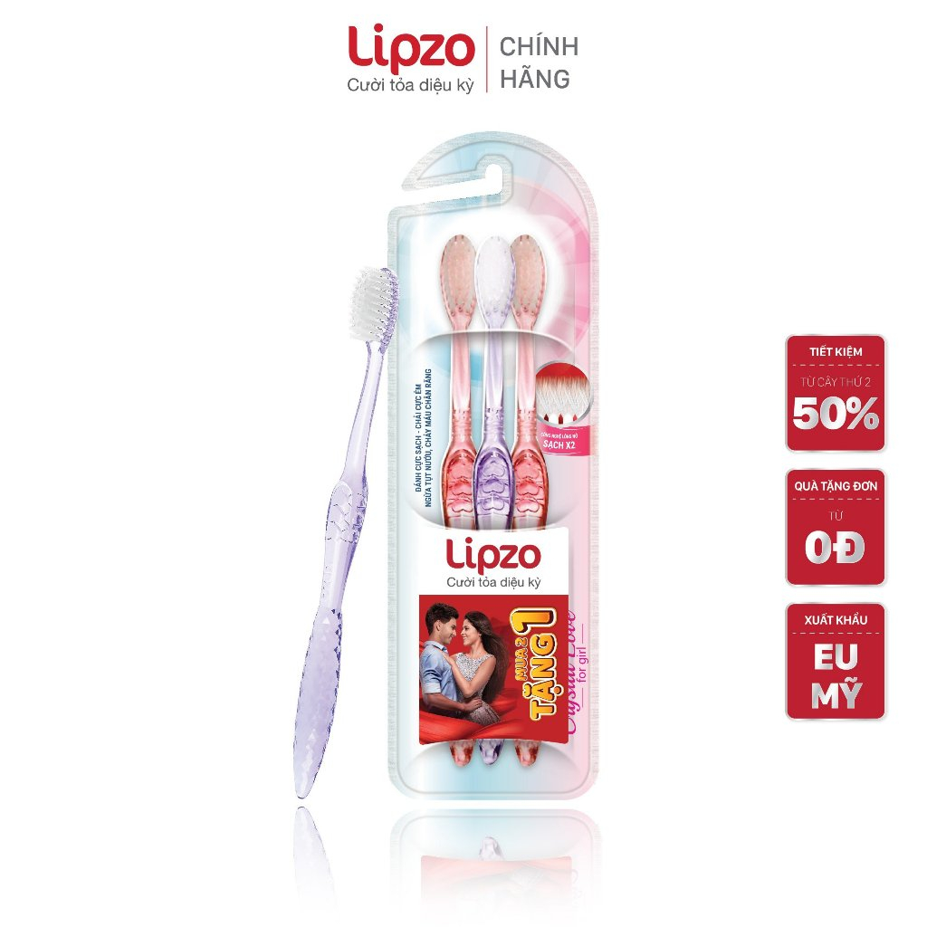 Combo 3 Bàn Chải Đánh Răng Lipzo Crystal Love For Girl Cho Nữ Giới Công Nghệ Lông Nở Kết Hợp Chỉ Tơ Nha Khoa Siêu Mềm