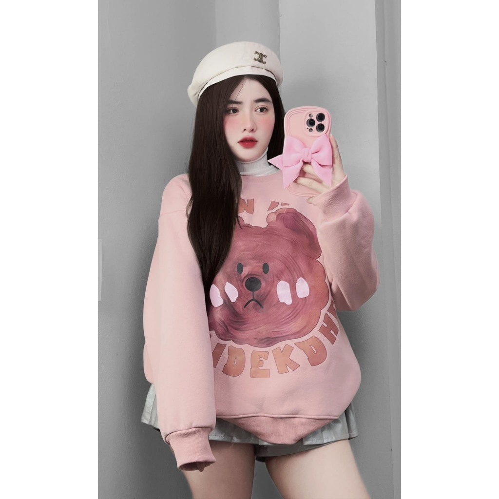 Áo Nỉ Sweater Hình Gấu Cổ Tròn Tay Bồng Dáng Rộng Hottrend