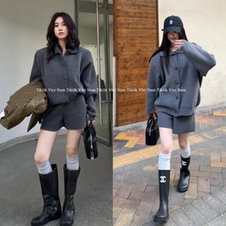 (SẴN) Set bộ len áo cardigan cổ bẻ kết hợp cùng quần short đùi cho mùa thu đông phong cách Hàn Quốc SB002 - Tiktik