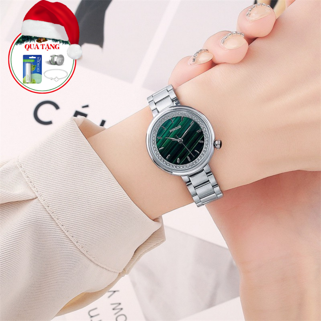 Đồng Hồ Nữ Dây Thép Chống Nước Tuyệt Đối Mặt Xanh Khảm Đá Thiết Kế Sang Trọng Thanh Lịch - 3824