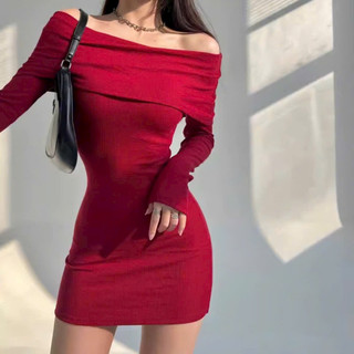 Đầm body nữ trễ vai tay dài phong cách Hàn Quốc dáng ôm màu trơn TV-FASHION