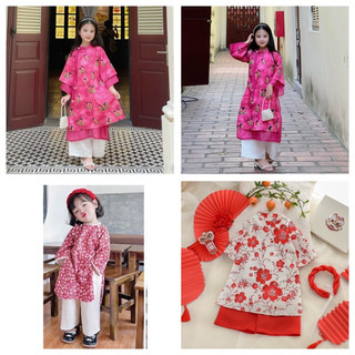 SP001367 Áo dài voan tơ hoa nhí bé gái, SP003777 lớp voan mềm, quần lụa điệu đà hàng có sẵn SP001284