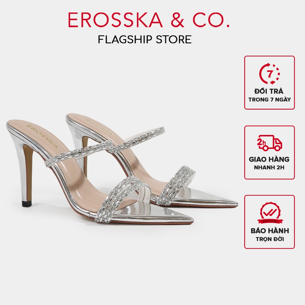 Erosska - Guốc nữ mũi nhọn quai ngang đính đá thiết kế sang trọng màu bạc - EN006