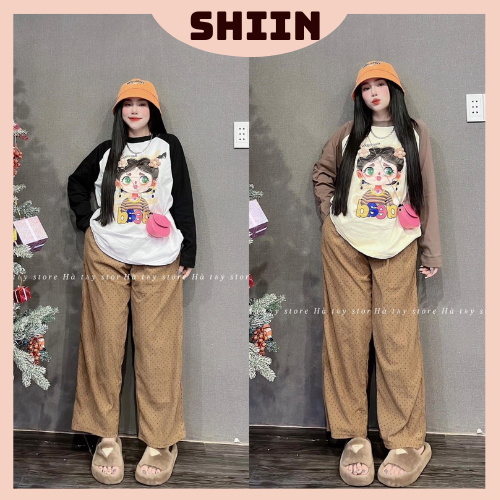 Set Bộ Đồ Nữ Áo Thun Tay Lỡ Cô Gái Mix Quần Tăm Nhung Chấm Bi Freesize