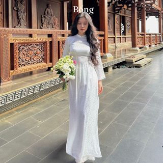 Áo dài trắng gấm cao cấp dành cho cô dâu, học sinh kèm quần