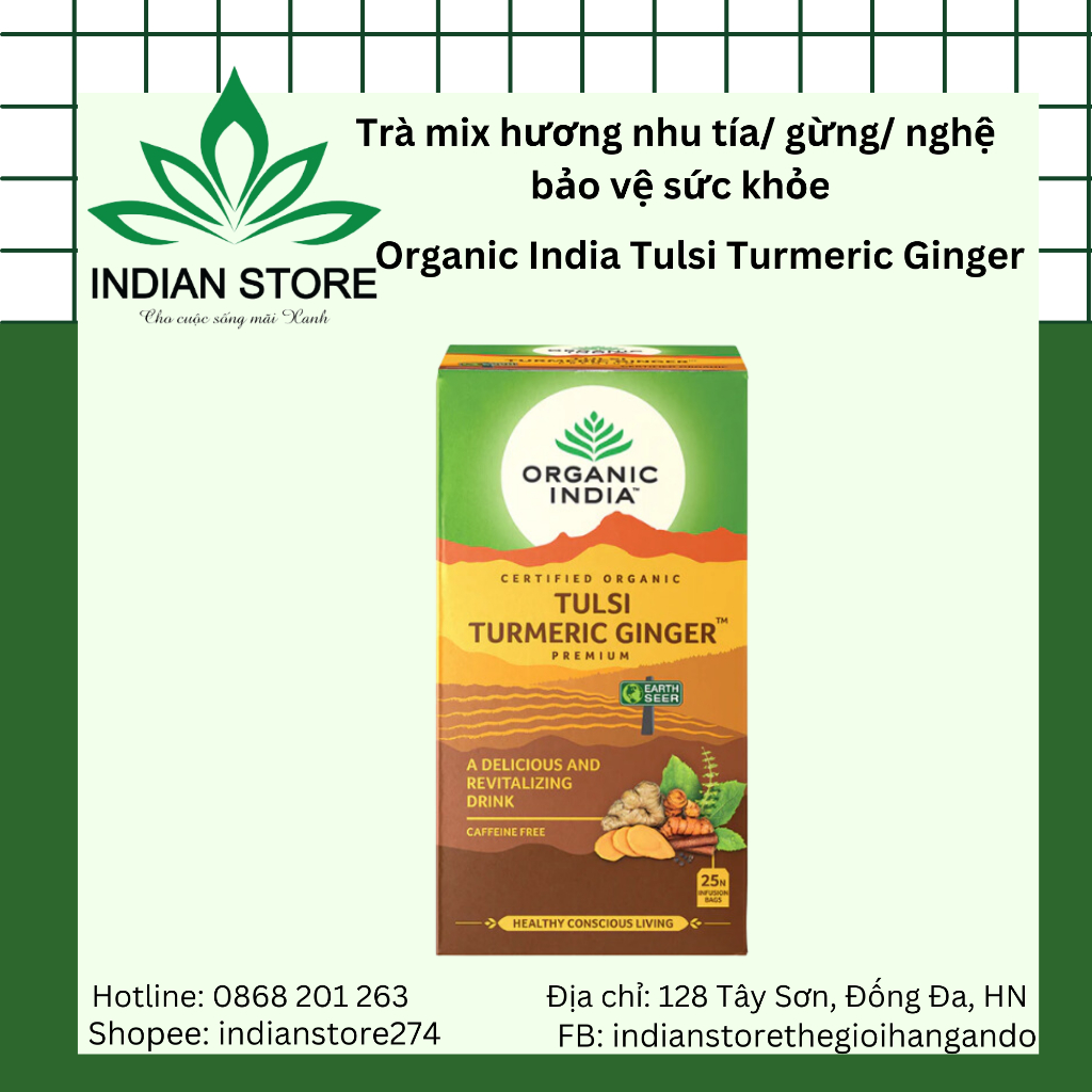 Trà thảo mộc mix hương nhu tía gừng nghệ bảo vệ sức khỏe Organic India Tulsi Turmeric Ginger