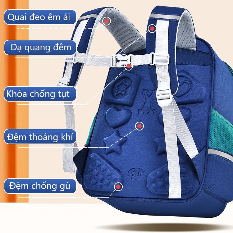 Balo Chống Gù Cho Bé Trai Gái Siêu Nhẹ Chống Nước, Ba lô cấp 1, Cặp Sách Học Sinh Tiểu Học, Tặng Kèm Thú Bông Và Sticker