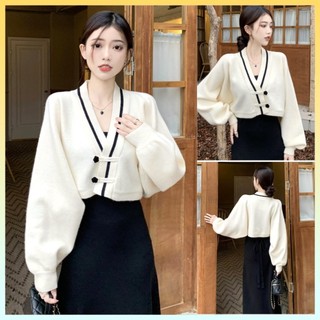  Áo KHOÁC len nữ cardigan dệt kim croptop VIỀN CÀI 2 NÚT HOA kiểu dáng sang trọng - L2M