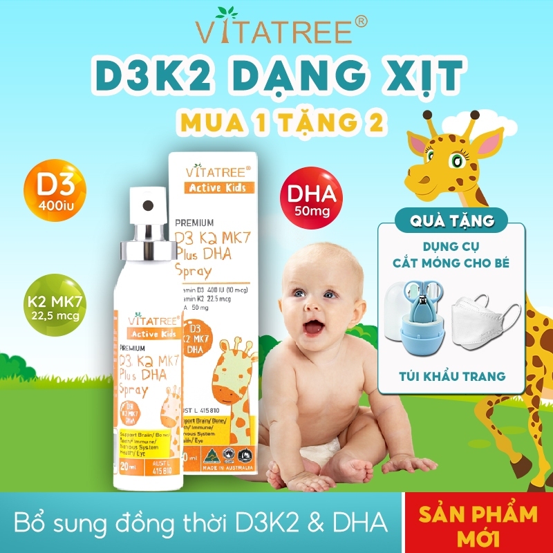 D3K2 Dha Mk7 dạng xịt dành cho trẻ Vitatree Premium D3K2MK7 Plus DHA Spray 20ml giúp bé hấp thụ canxi tăng chiều cao