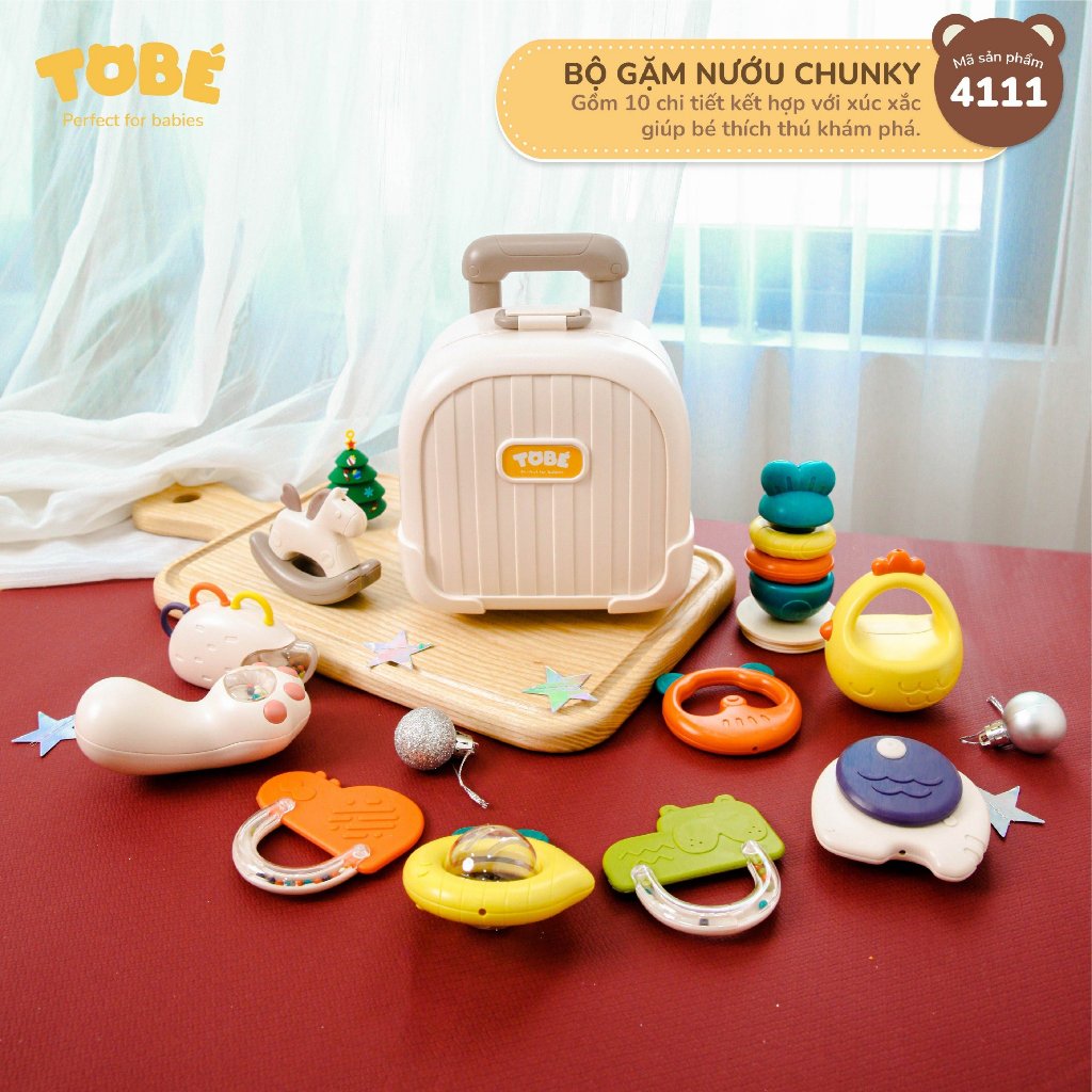 Bộ xúc xắc gặm nướu 10 chi tiết Chunky To bé thiết kế hình vali cao cấp Lunakidsbaby
