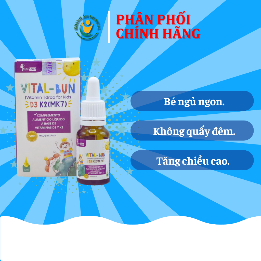 VitalBun D3K2(MK7) 𝐂𝐡í𝐧𝐡 𝐇ã𝐧𝐠 Hỗ trợ hấp thu canxi bé ngủ ngon giảm mồ hôi trộm phát triển chiều cao Dược Khánh An D35