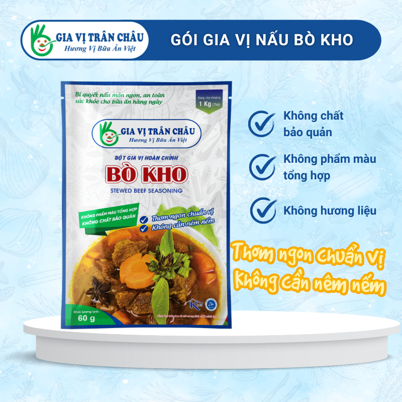 Gói gia vị hoàn chỉnh nấu BÒ KHO 60g từ Gia Vị Trân Châu | Gia vị nấu ăn tiện dụng cho mọi bữa cơm gia đình.