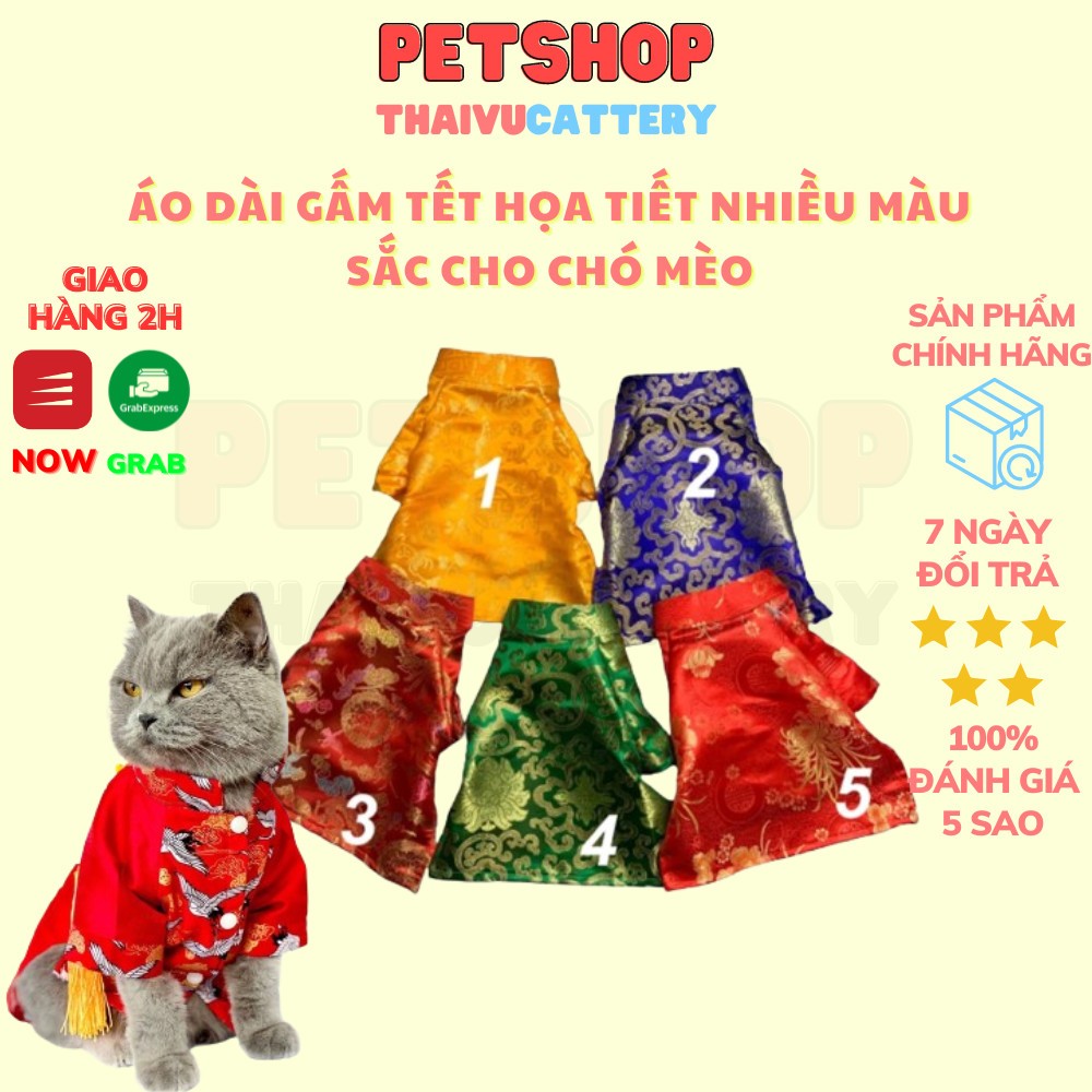 Áo dài gấm hoạ tiết cho thú cưng - Đồ tết cho chó mèo vải loại đẹp cao cấp - Thaivucattery