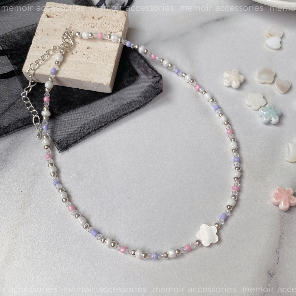 Pastel / Vòng cổ mặt xà cừ mix hạt cườm trong trẻo tươi sáng hồng hào