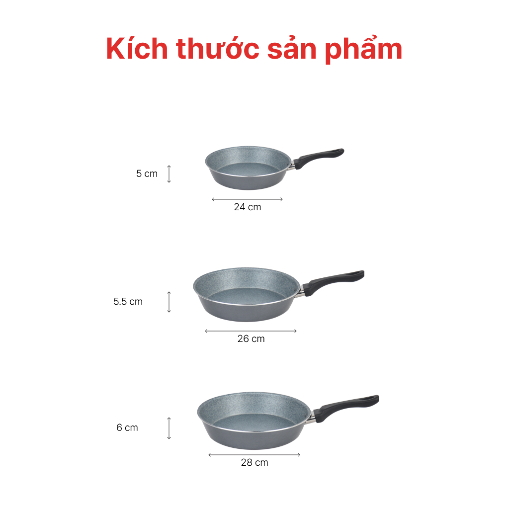 Chảo Cạn Vân Đá Bếp Từ Siêu Bền 24, 26 28cm,  HAPPYCOOK